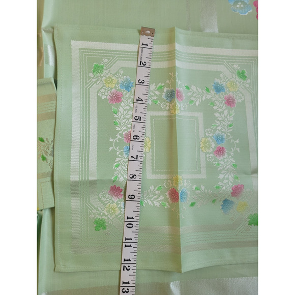 Vtg Table Cloth Napkins Set Green Floral Hand Painted Combed Yarns Damask - Picture 10 of 13